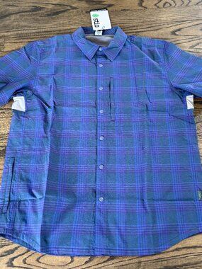 Stio Alpine Lake Plaid Shirt Short Sleeve Mens L Plaid Snap Western Blue NWT